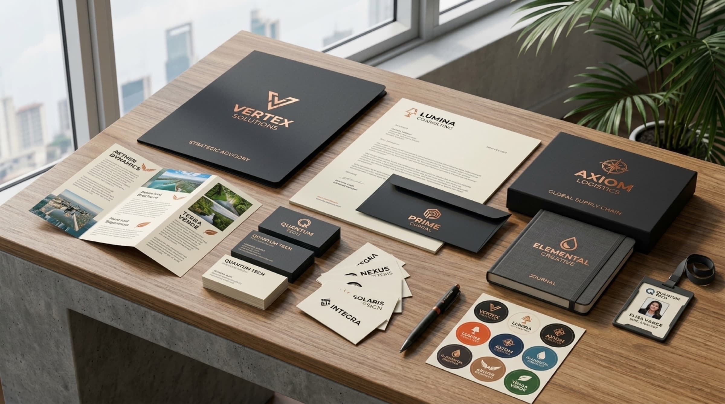 Corporate stationery spread: folders, letterheads, business cards and journals for several brands