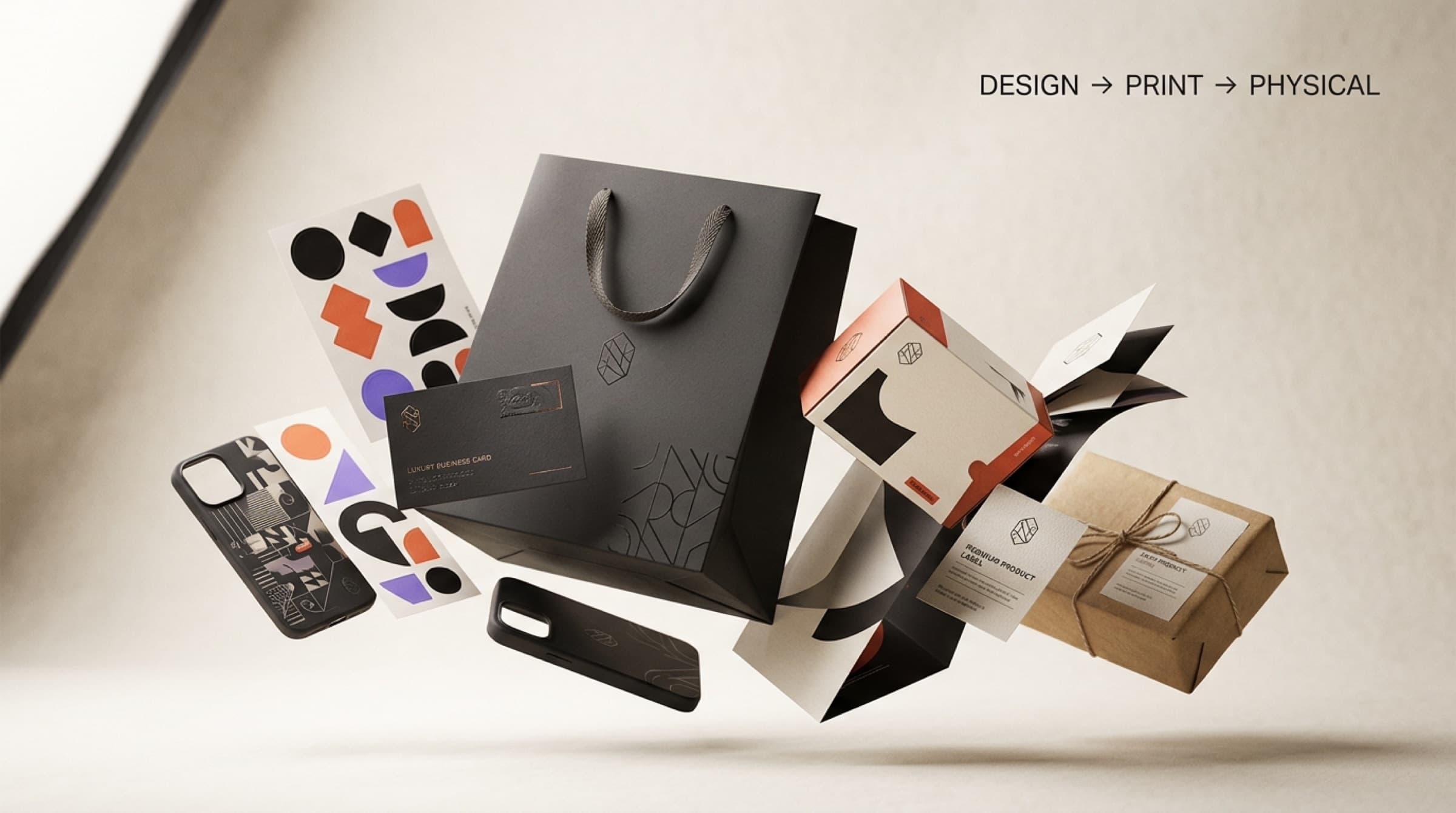 INKD-branded bags, boxes, stickers and a phone case arranged as if floating