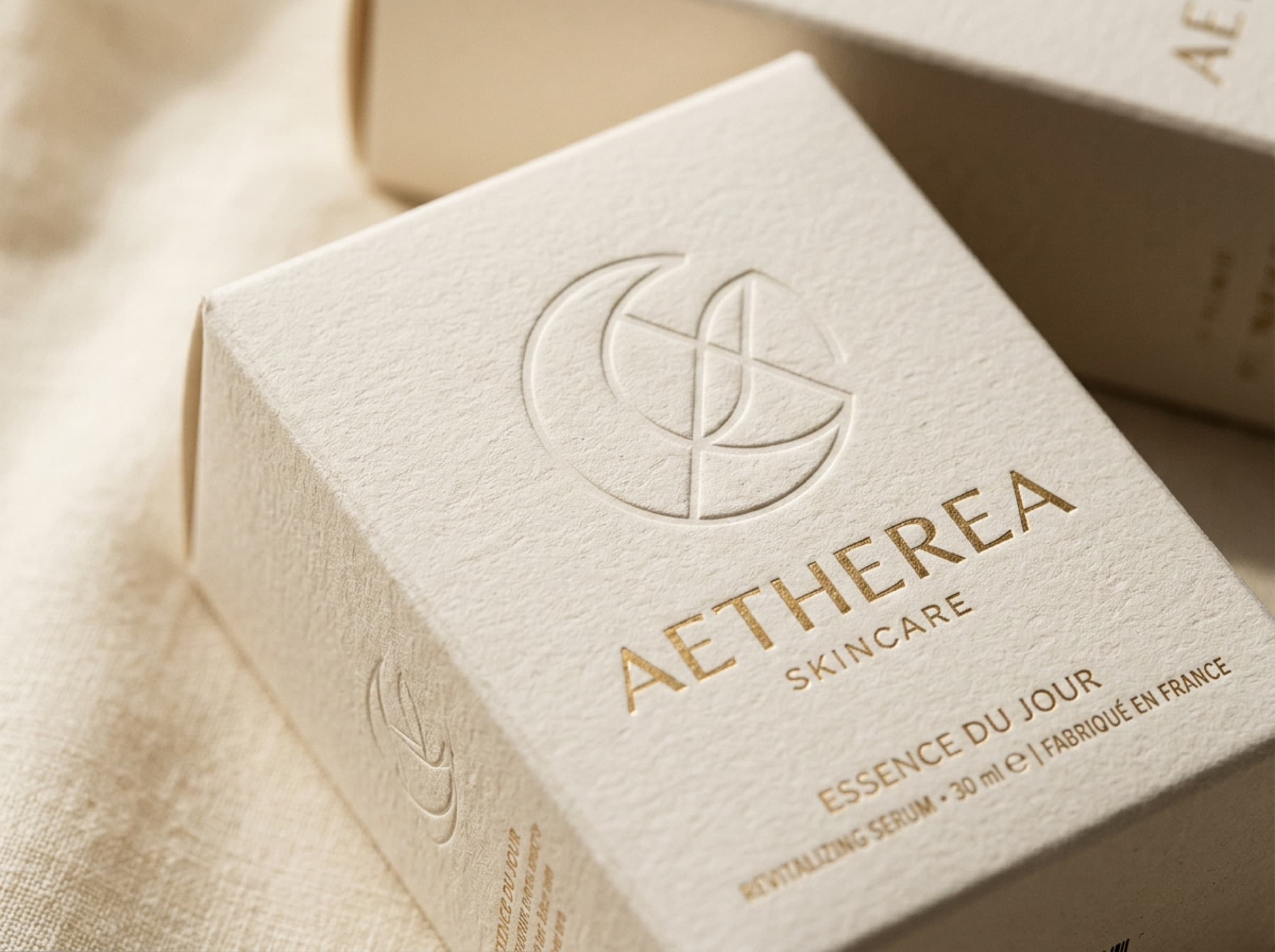 Macro detail of an embossed, gold-foiled logo on premium cardstock