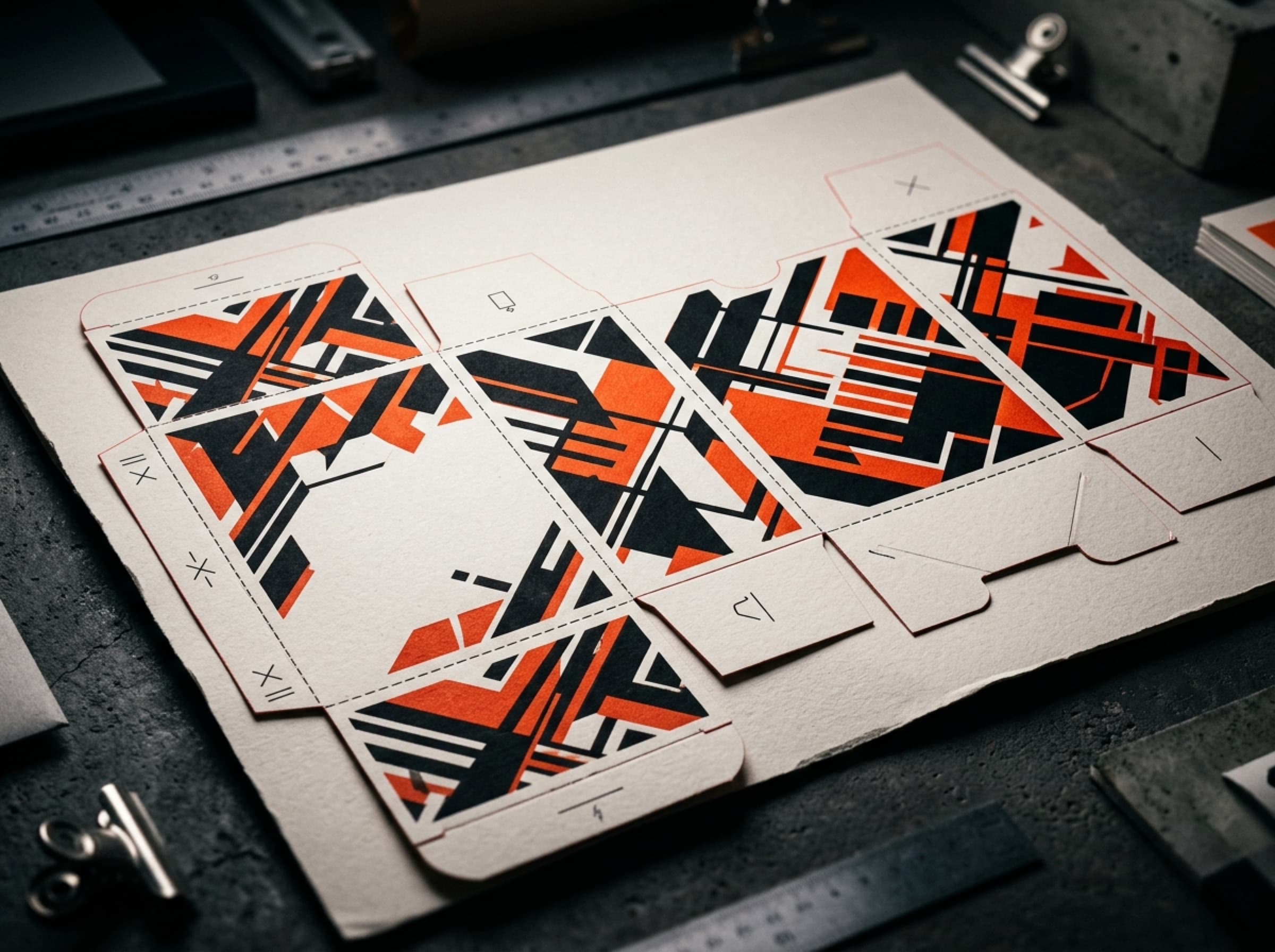 A geometric die-cut sheet being trimmed on a workbench