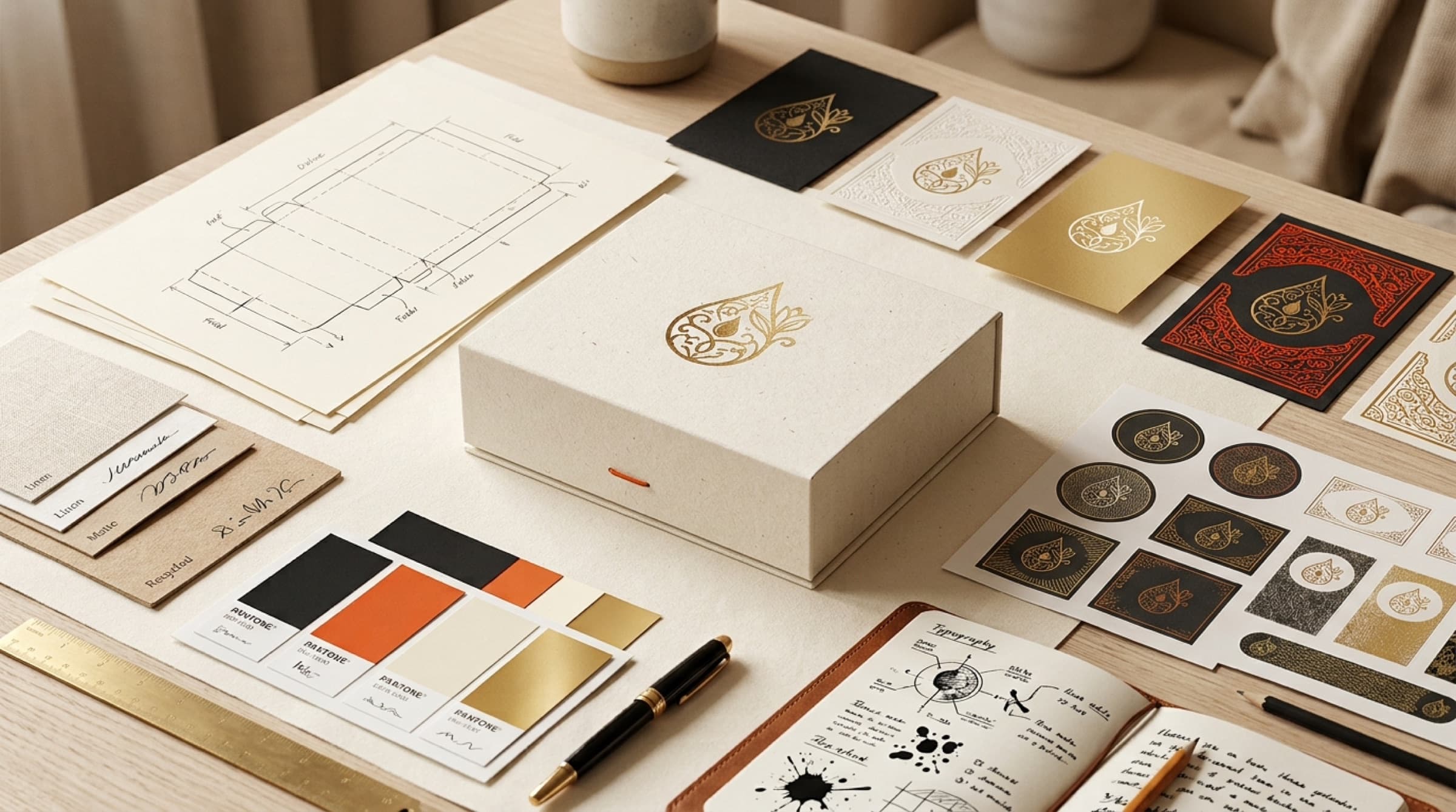 Branding development flat lay: die-line sketches, swatches, and an ink-sketch notebook