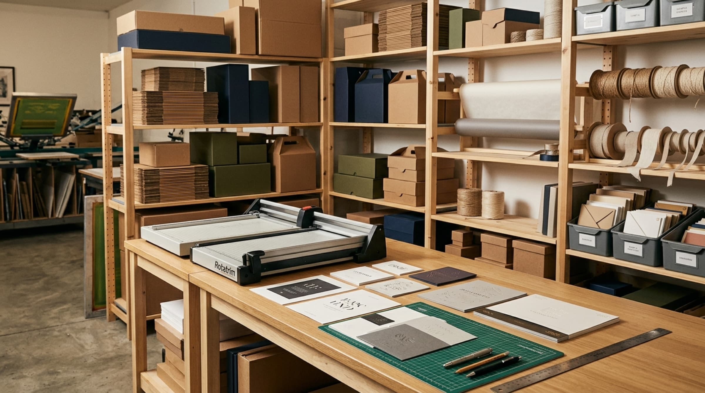 Workshop shelves of finished boxes beside a cutting table and guillotine