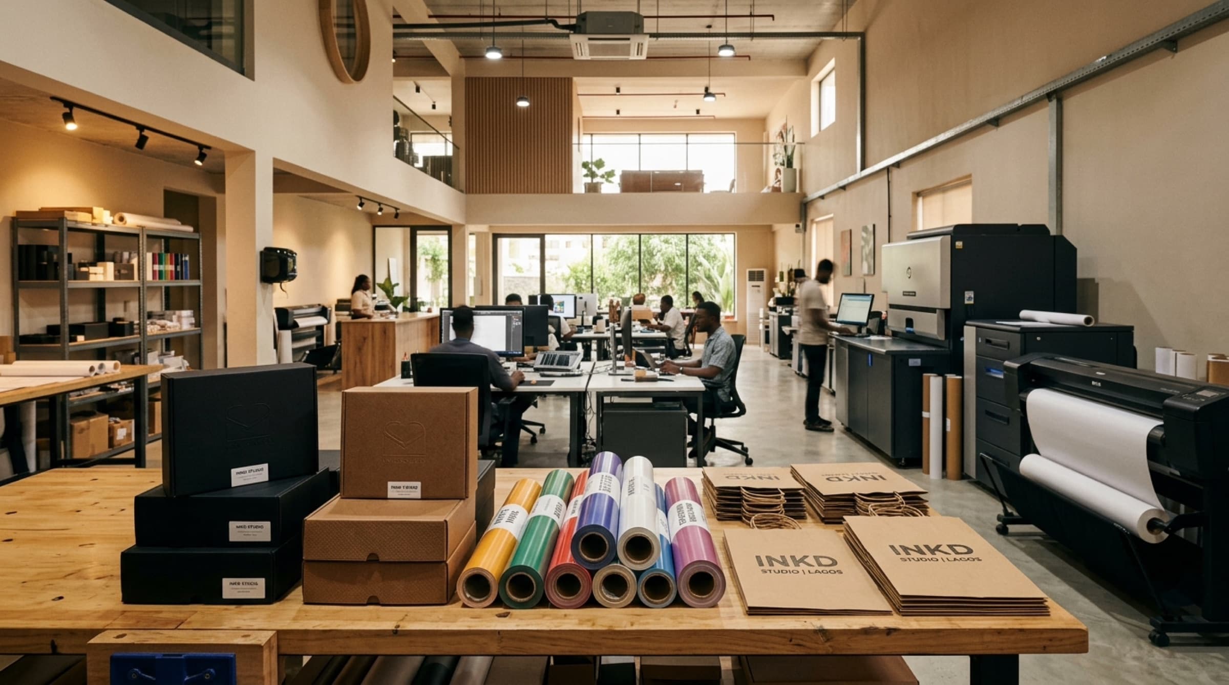 Inside the INKD studio: design desks, a large-format printer, and finished kraft bags stamped INKD