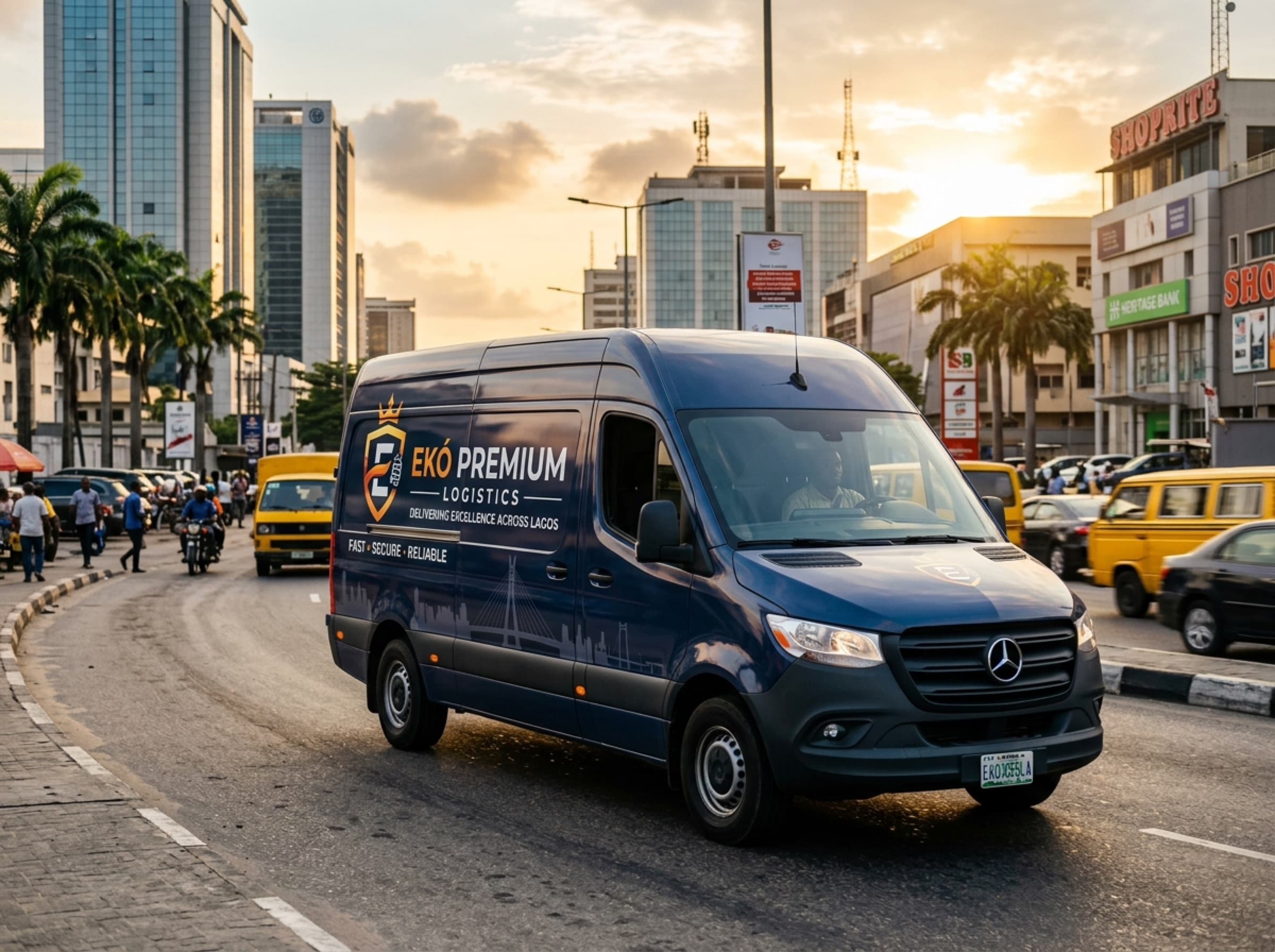 A branded logistics van in Lagos traffic at sunset